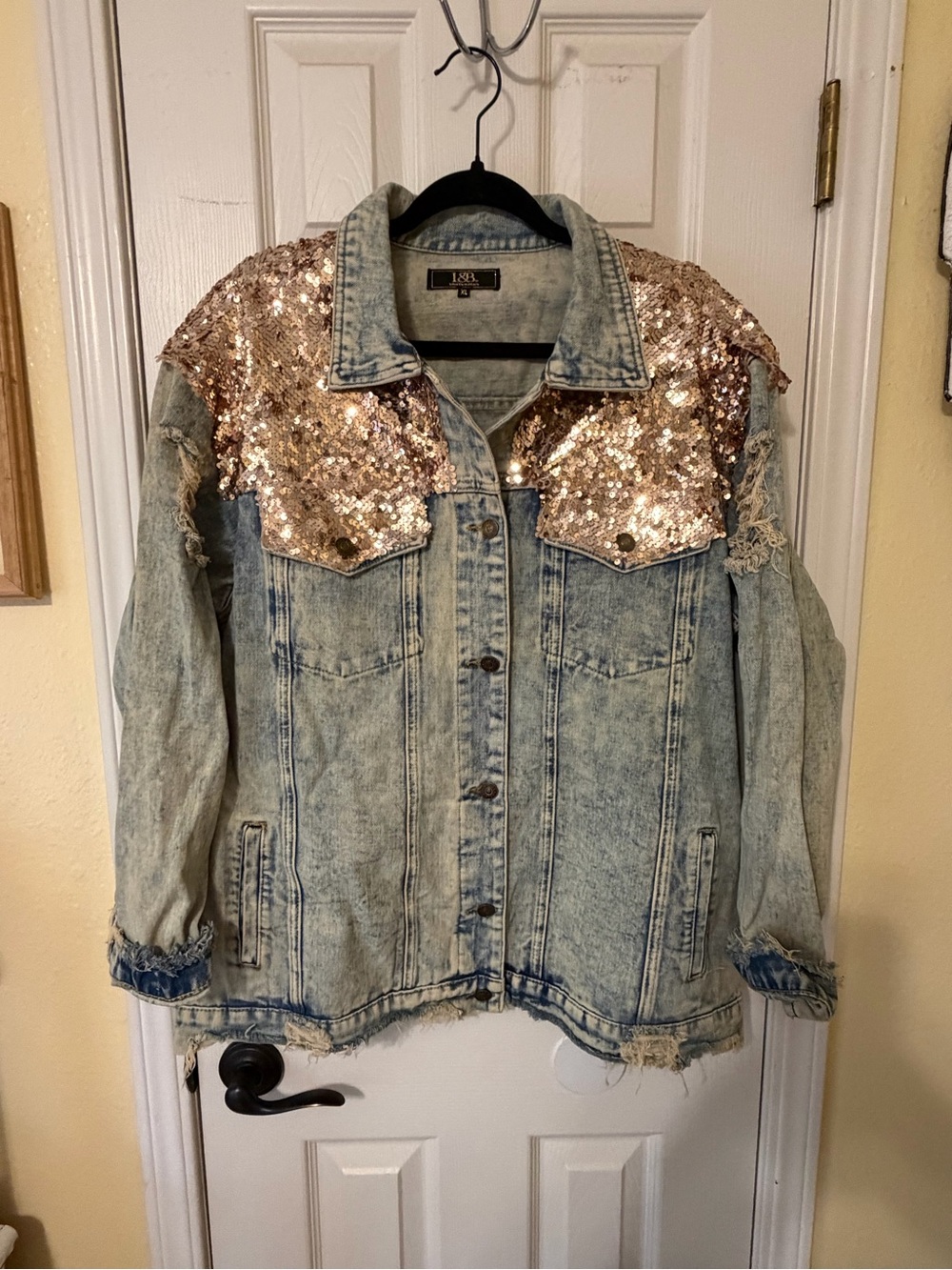 L&B Light Blue Denim Jacket with Rose Gold Sequin Shoulders